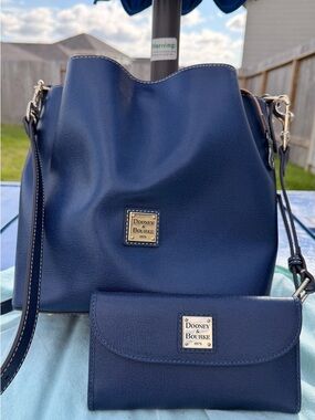 Dooney & Bourke Navy Saffiano Leather Bucket Bag with Matching Wallet